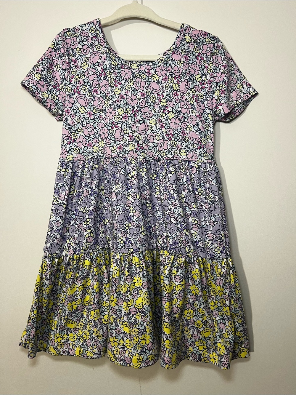 Girls' Tiered Floral Casual Dress in Pink, Purple & Yellow by